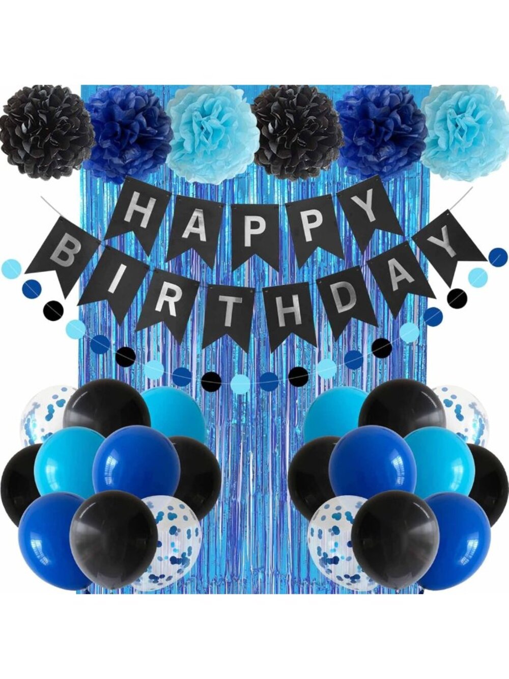 Blue & Black Birthday Party Decorations - Banner, Balloons, Pom Poms & Foil